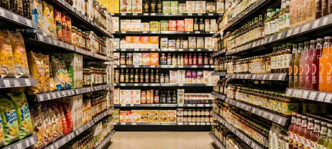 Grocery aisle stocked with pantry staples, snacks, and drinks